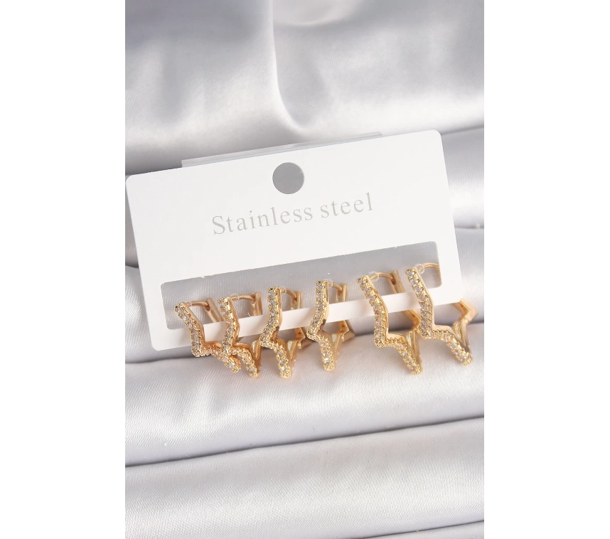 Pirinç Gold Renk Zirkon Taşlı 3 Çift Yıldız Model Kadın Küpe