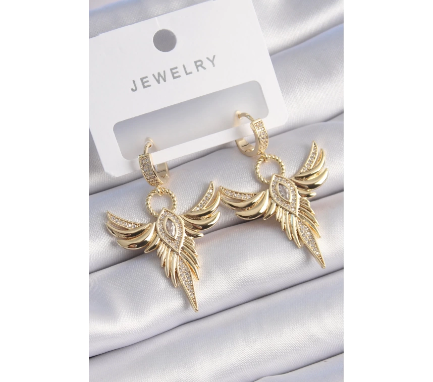 Pirinç Gold Renk Zirkon Taşlı Anka Model Kadın Küpe