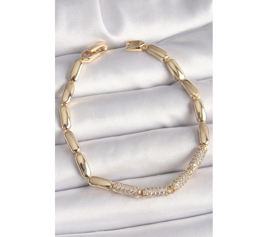 Pirinç Gold Renk Zirkon Taşlı Arpa Zincir Model Kadın Bileklik