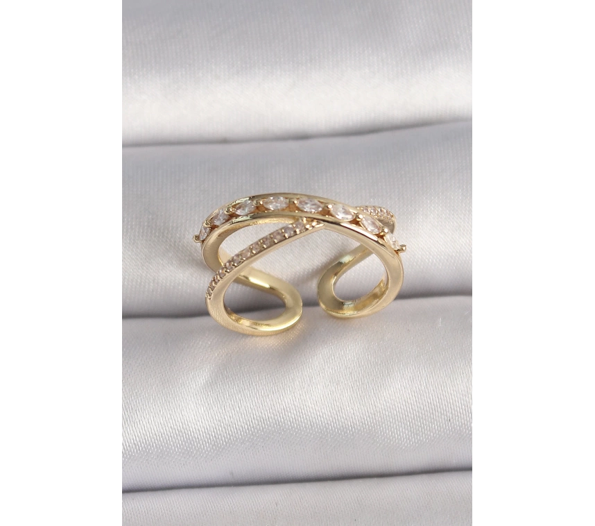 Pirinç Gold Renk Zirkon Taşlı Ayarlanabilir Kadın Yüzük