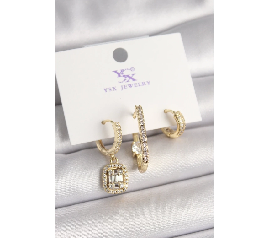 Pirinç Gold Renk Zirkon Taşlı Baget Halka Model 3Lü Kadın Kombin Küpe