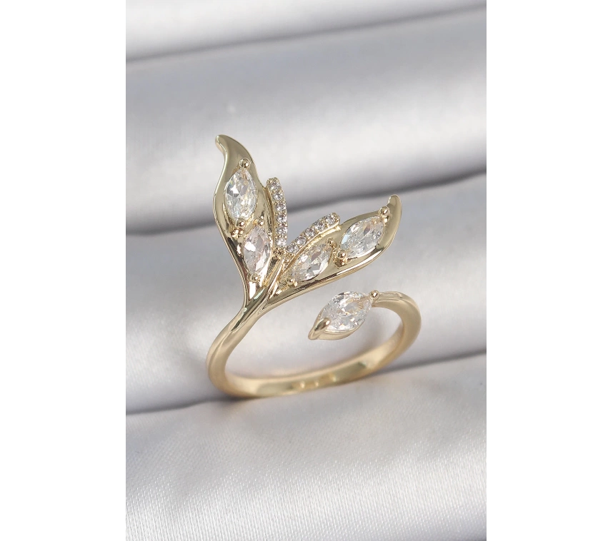 Pirinç Gold Renk Zirkon Taşlı Balık Kuyruğu Model Ayarlanabilir Model Kadın Yüzük