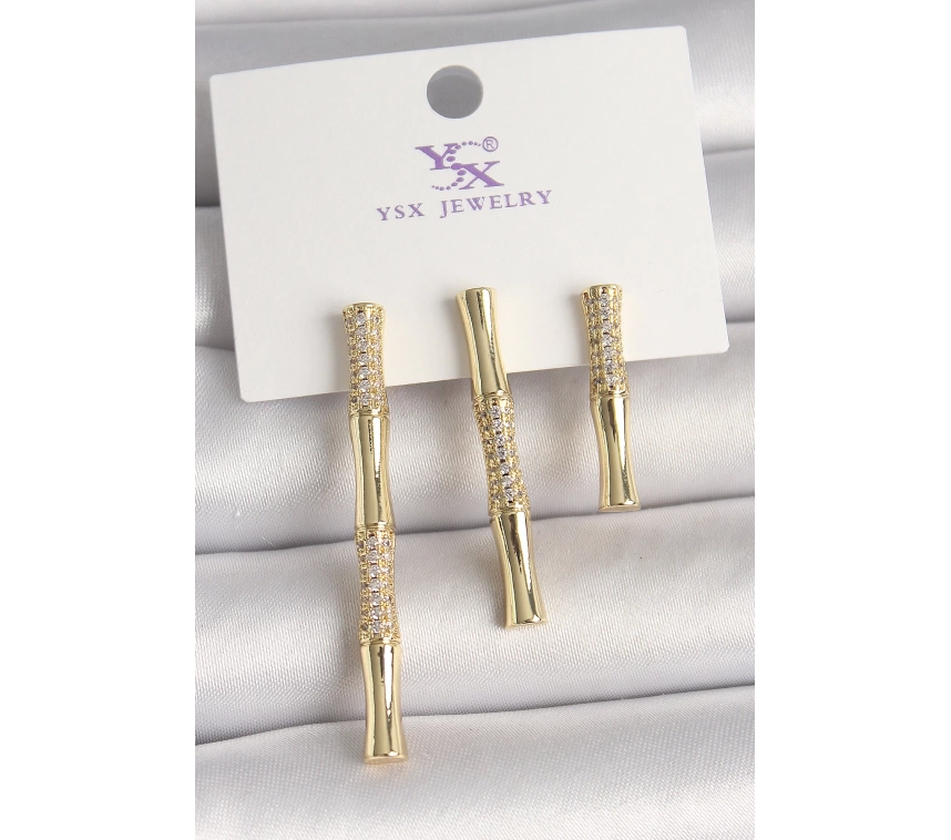 Pirinç Gold Renk Zirkon Taşlı Bambu Model 3Lü Kadın Kombin Küpe