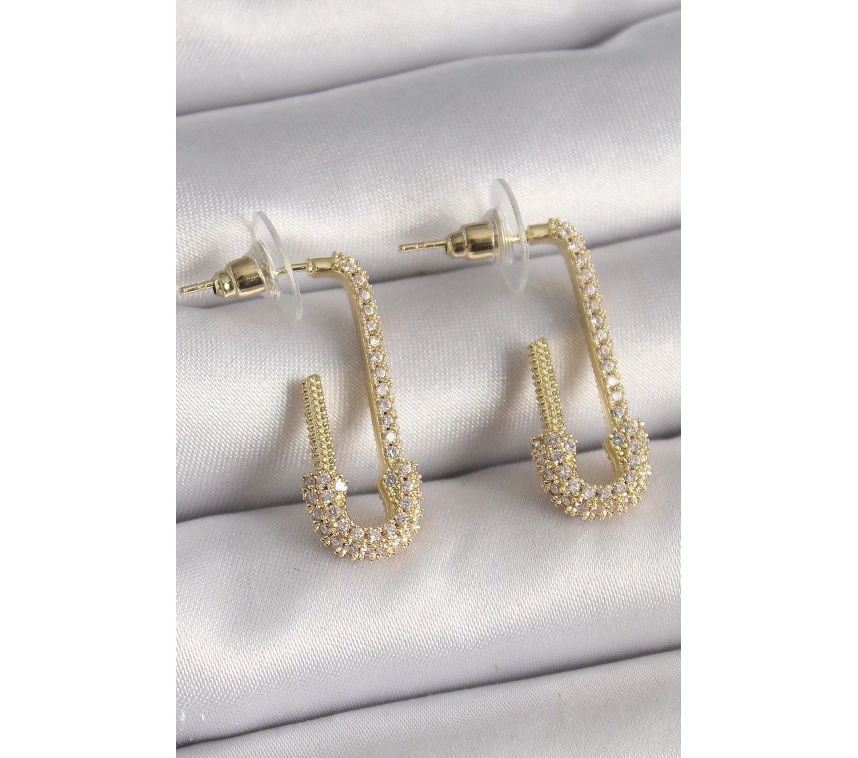 Pirinç Gold Renk Zirkon Taşlı Çengelli İğne Model Kadın Küpe