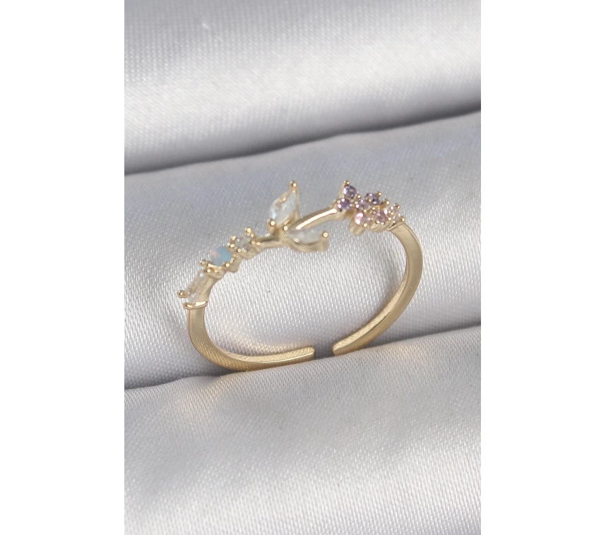 Pirinç Gold Renk Zirkon Taşlı Çiçek Model Ayarlanabilir Kadın Yüzük