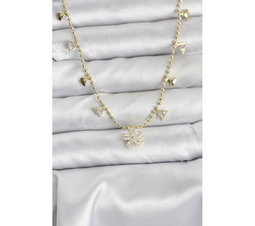 Pirinç Gold Renk Zirkon Taşlı Çiçek Model Kadın Kolye