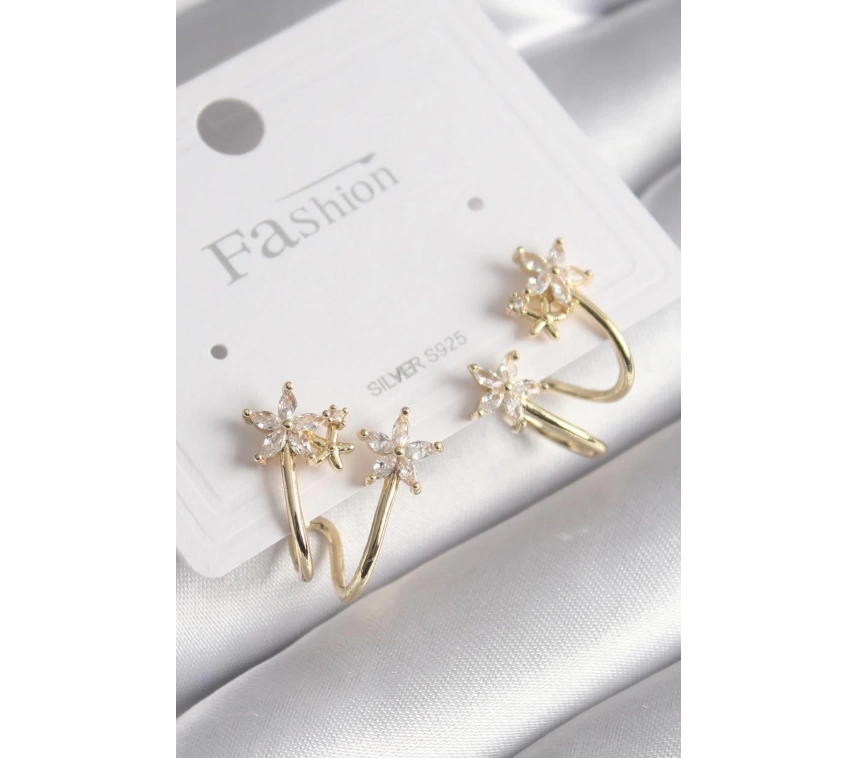 Pirinç Gold Renk Zirkon Taşlı Çiçek Model Kadın Küpe