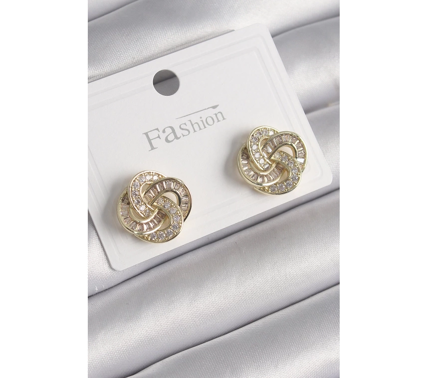 Pirinç Gold Renk Zirkon Taşlı Çiçek Model Kadın Küpe