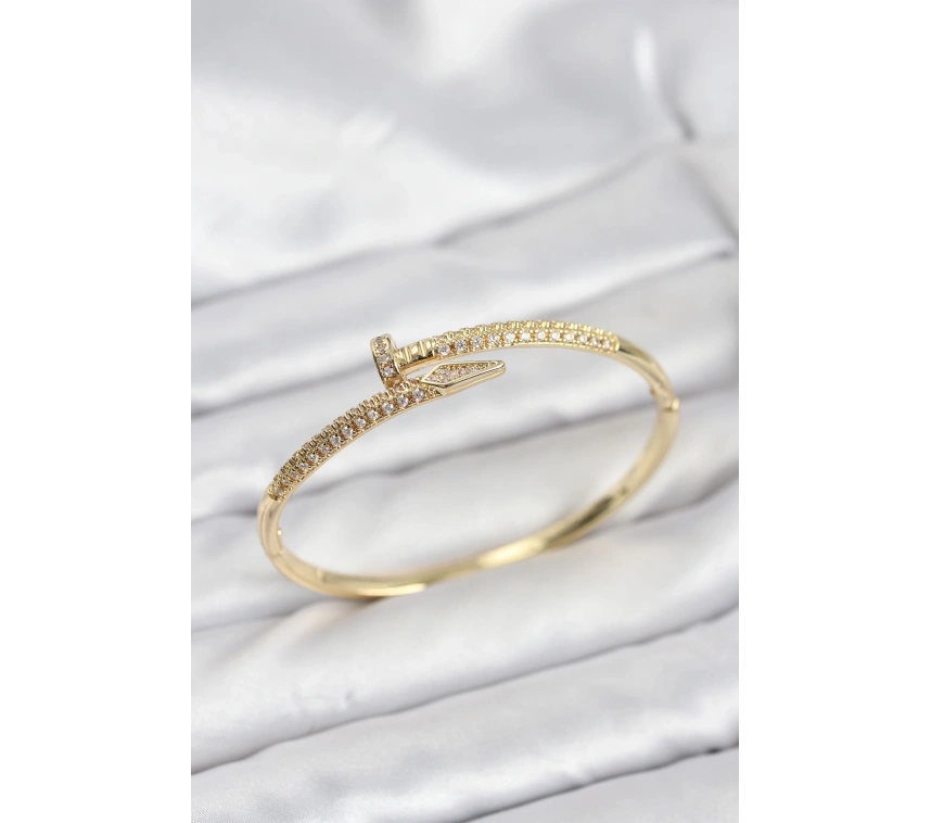 Pirinç Gold Renk Zirkon Taşlı Çivi Model Kadın Kelepçe Bileklik