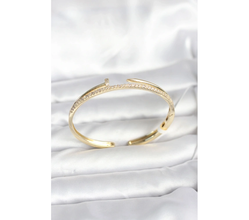Pirinç Gold Renk Zirkon Taşlı Çivi Model Kadın Kelepçe Bileklik