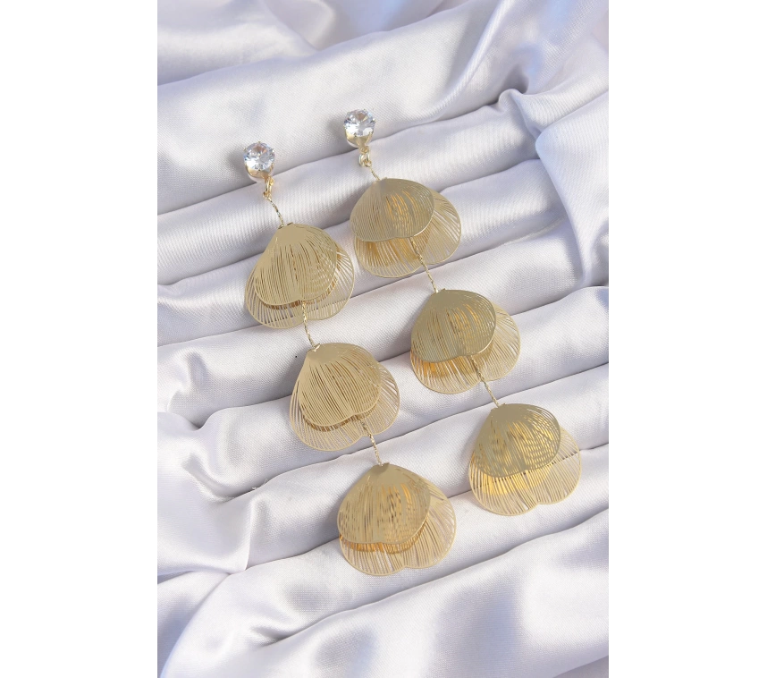 Pirinç Gold Renk Zirkon Taşlı Çizgi Plaka Sallantılı Küpe