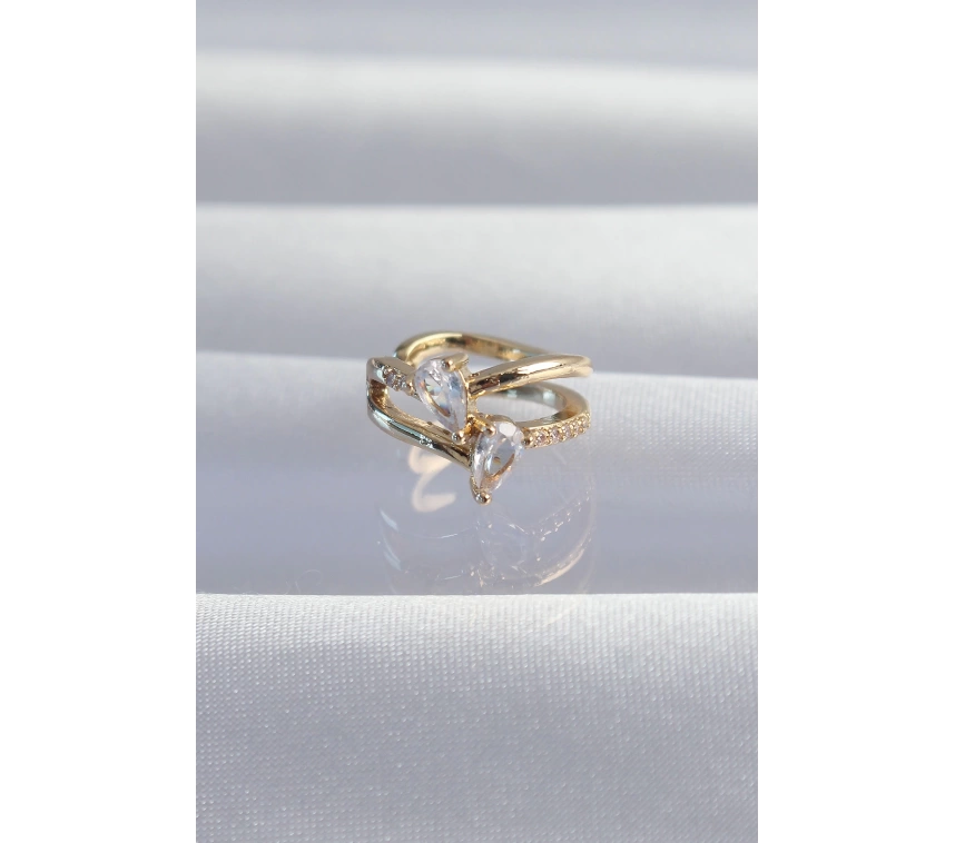 Pirinç Gold Renk Zirkon Taşlı Damla Earcuff Küpe