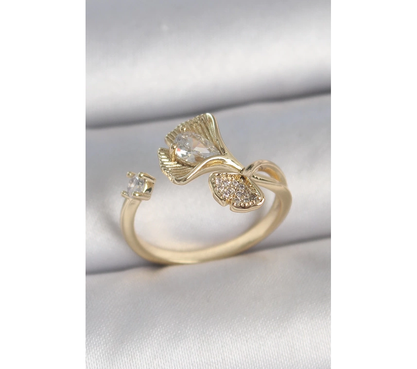 Pirinç Gold Renk Zirkon Taşlı Deniz Kabuğu Model Ayarlanabilir Kadın Yüzük