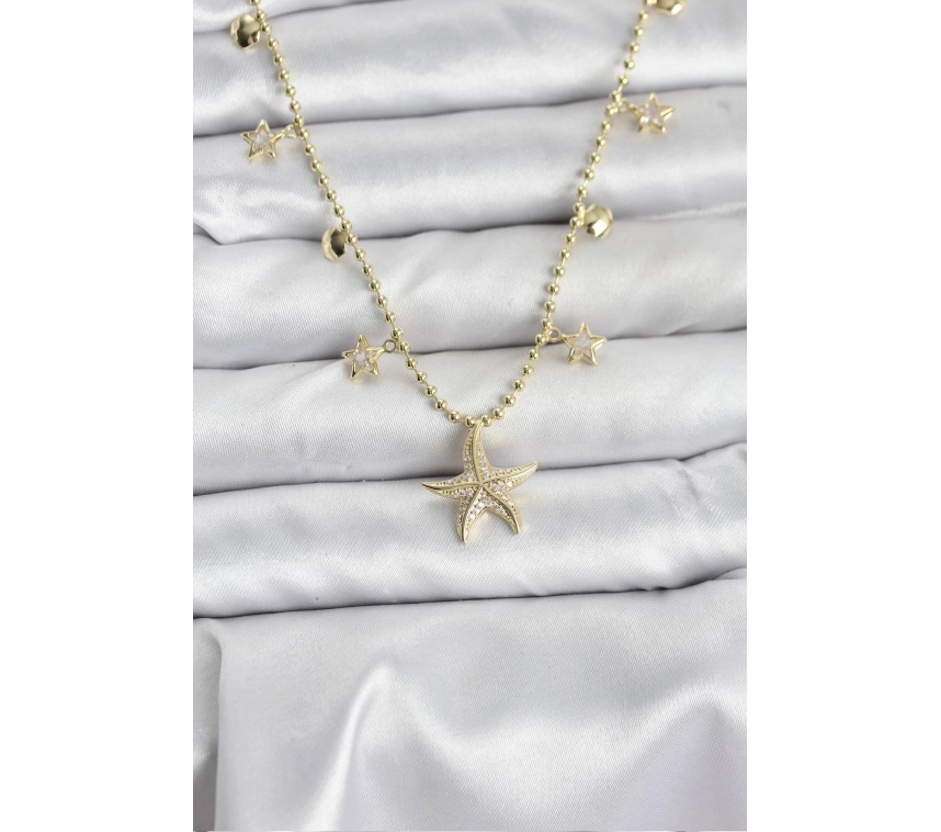 Pirinç Gold Renk Zirkon Taşlı Deniz Yıldızı Model Kadın Kolye