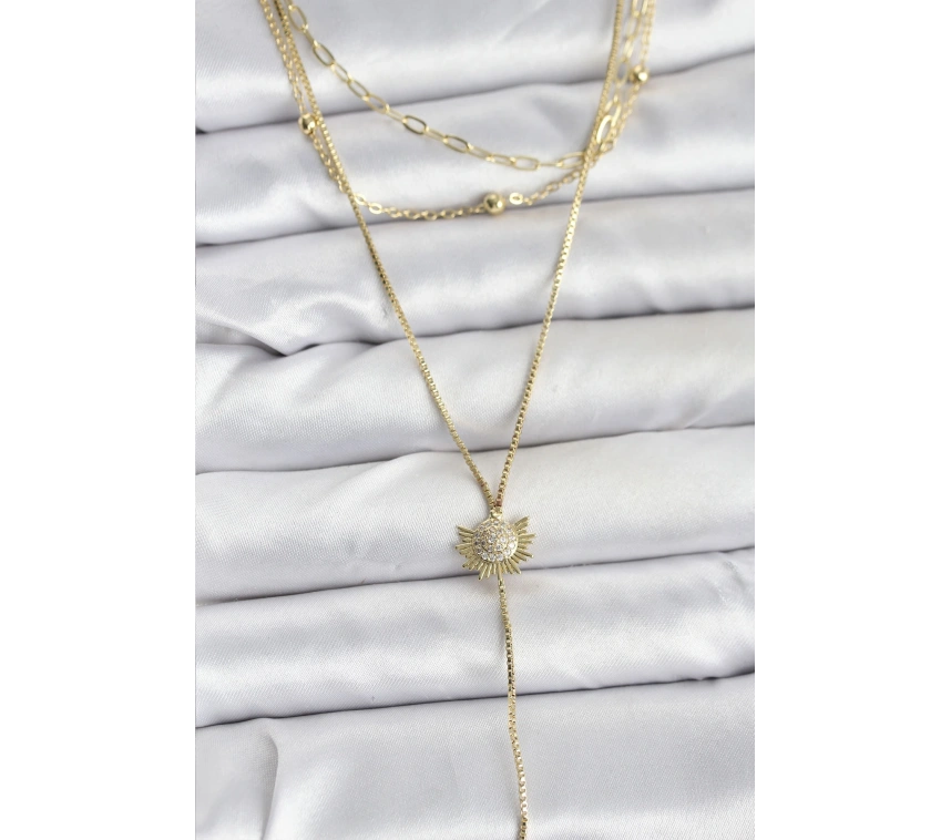 Pirinç Gold Renk Zirkon Taşlı Güneş Model Detaylı 3lü Kombin Y Kadın Kolye