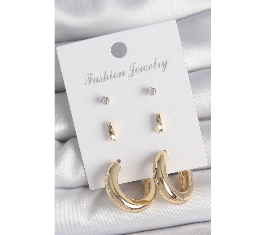 Pirinç Gold Renk Zirkon Taşlı Halka Model 3 Çift Kadın Küpe Seti