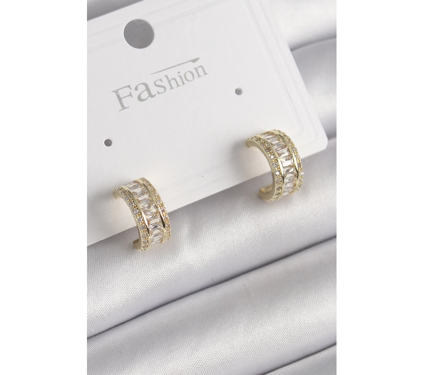 Pirinç Gold Renk Zirkon Taşlı Halka Model Kadın Küpe