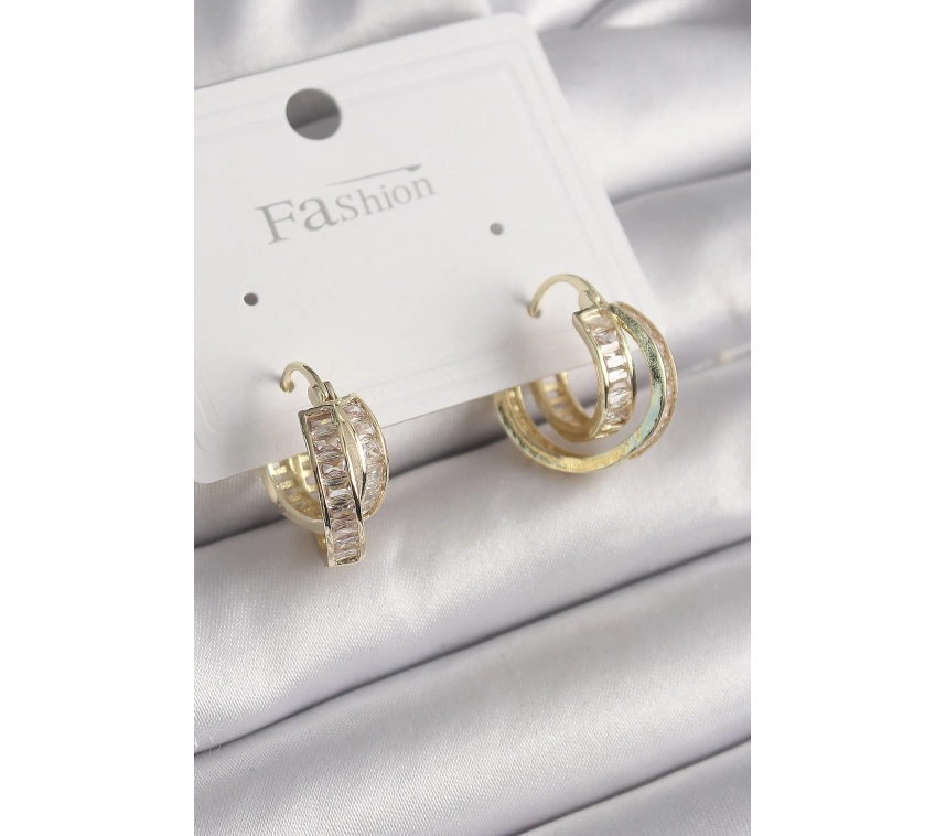 Pirinç Gold Renk Zirkon Taşlı Halka Model Kadın Küpe