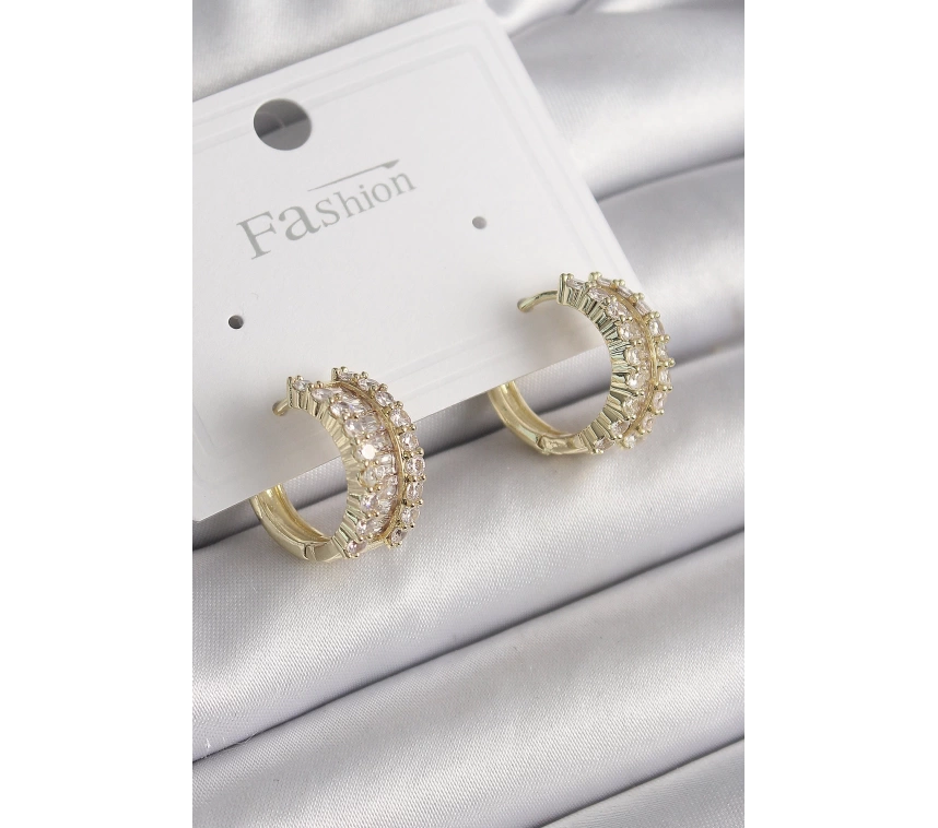 Pirinç Gold Renk Zirkon Taşlı Halka Model Kadın Küpe