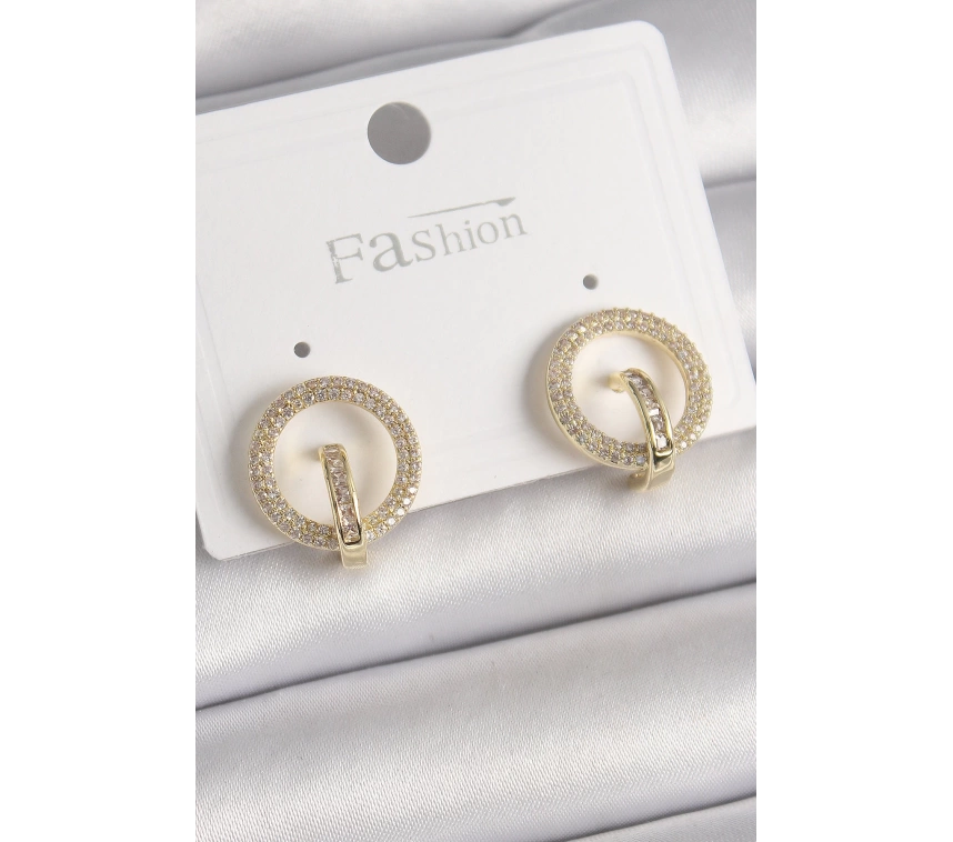 Pirinç Gold Renk Zirkon Taşlı Halka Model Kadın Küpe