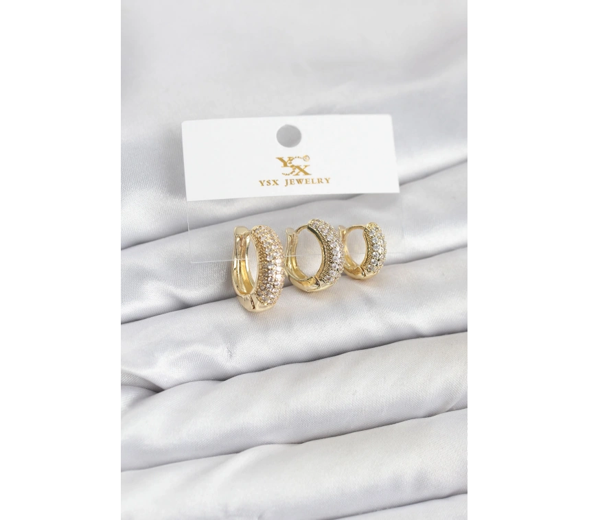 Pirinç Gold Renk Zirkon Taşlı Halka Model YSX Trio Küpe Seti