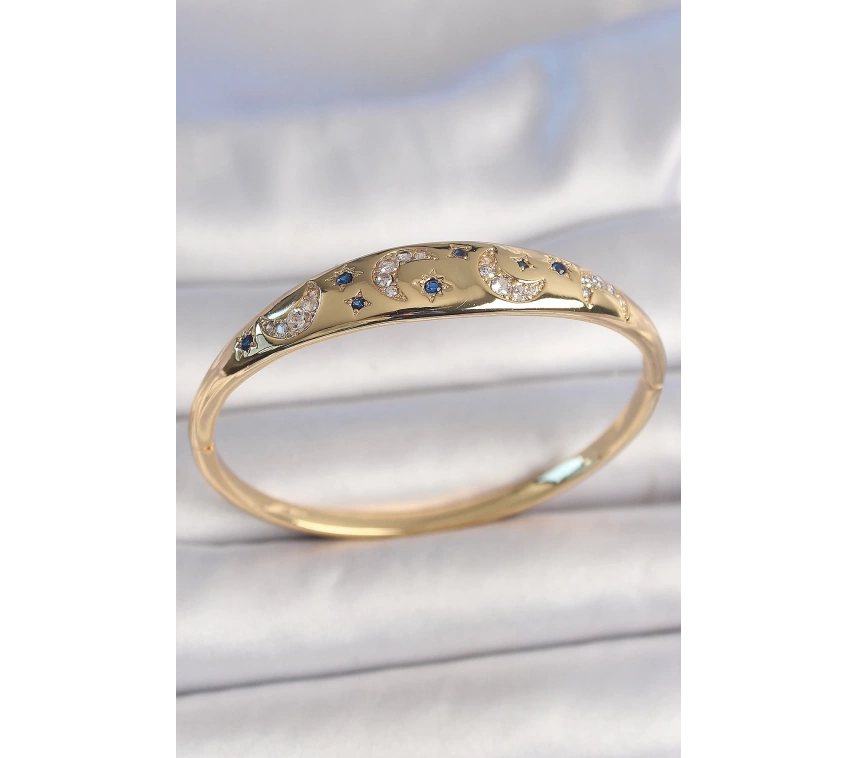 Pirinç Gold Renk Zirkon Taşlı Hilal İşleme Mavi Taşlı Yıldız Detay Kadın Kelepçe