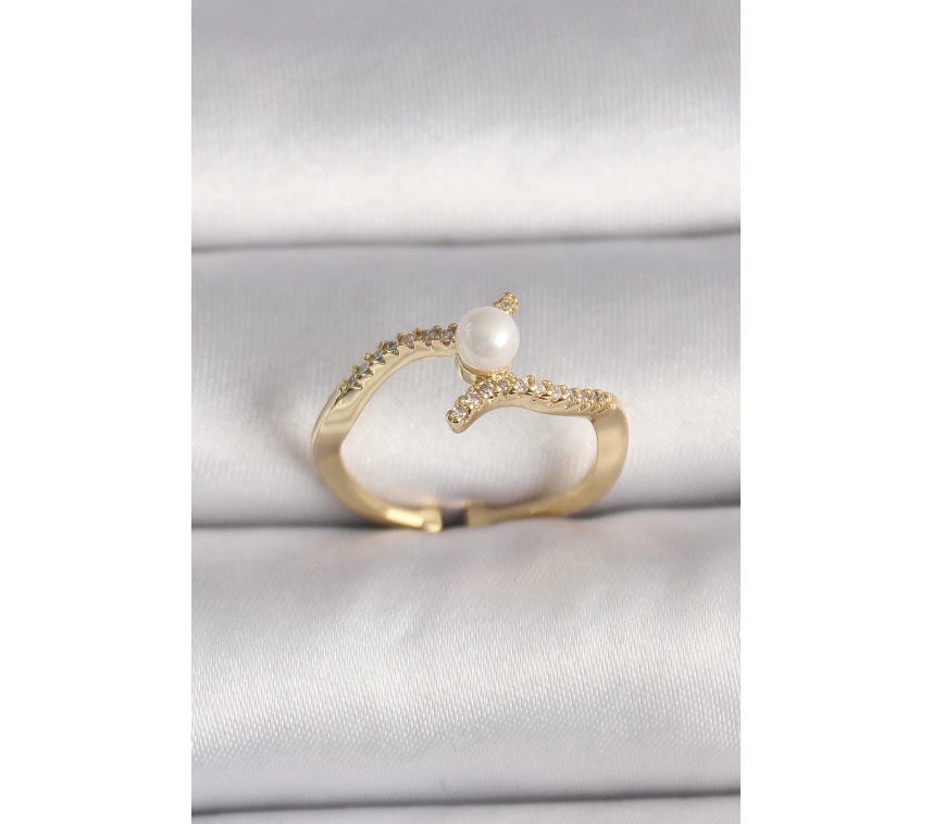 Pirinç Gold Renk Zirkon Taşlı İncili Ayarlanabilir Yüzük