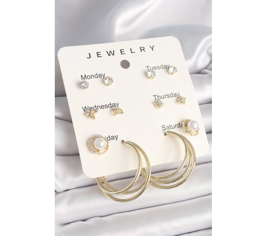 Pirinç Gold Renk Zirkon Taşlı İncili Halka Figür 7Li Set Model Kadın Küpe Seti