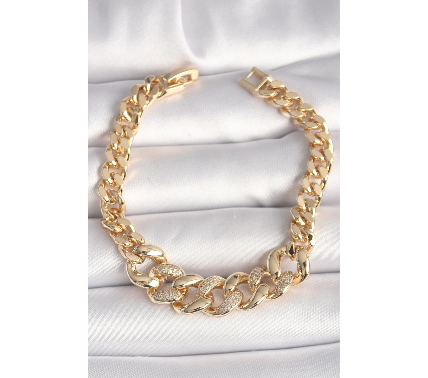 Pirinç Gold Renk Zirkon Taşlı Kalın Halka Model Kadın Bileklik