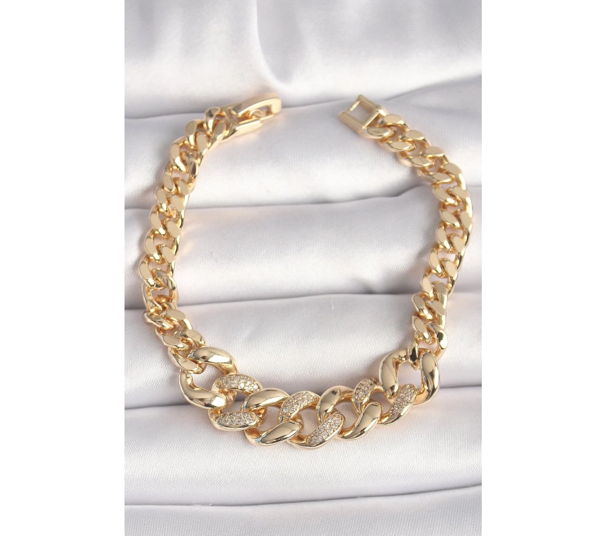 Pirinç Gold Renk Zirkon Taşlı Kalın Halka Model Kadın Bileklik