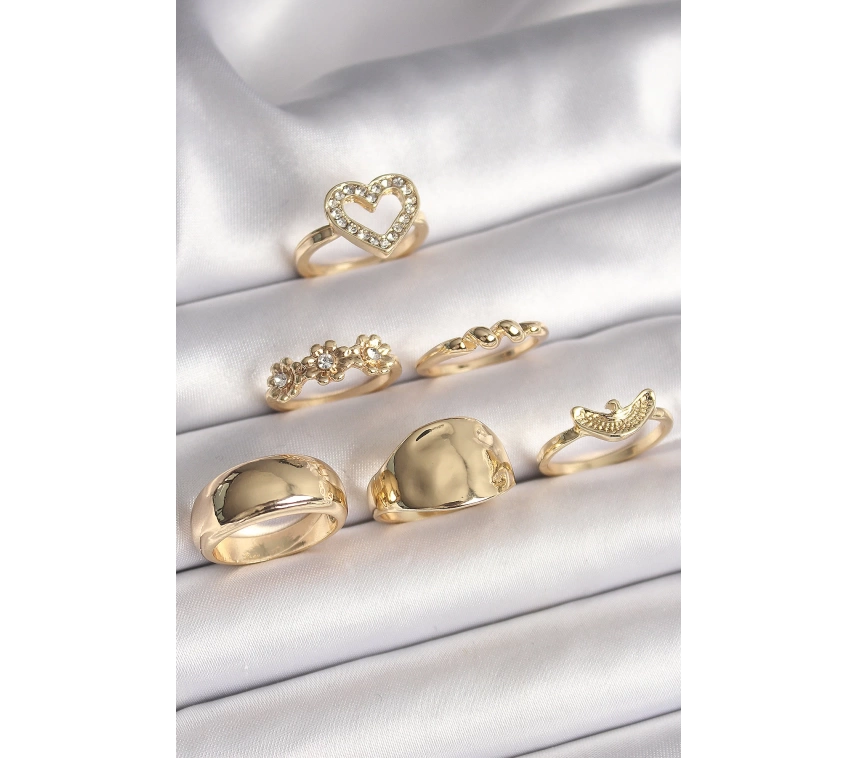 Pirinç Gold Renk Zirkon Taşlı Kalp Figür Kuş Detay 6Lı Kadın Yüzük Seti