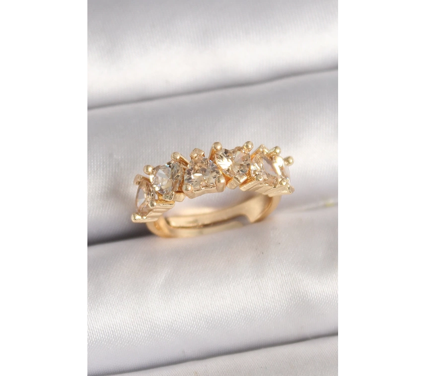 Pirinç Gold Renk Zirkon Taşlı Kalp Model Ayarlanbilir Kadın Yüzük
