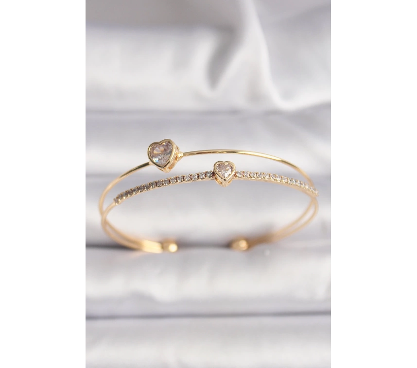 Pirinç Gold Renk Zirkon Taşlı Kalp Model Kadın Bileklik