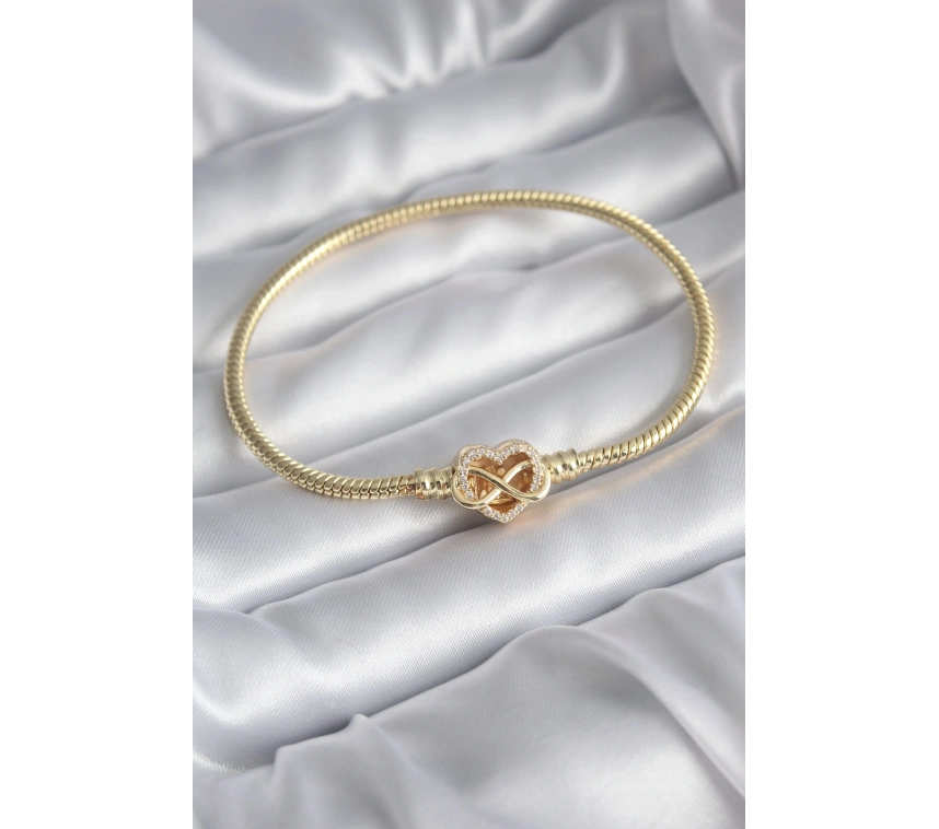 Pirinç Gold Renk Zirkon Taşlı Kalp Sonsuzluk Model Charm Kadın Bileklik