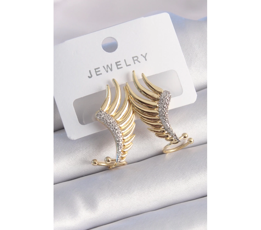 Pirinç Gold Renk Zirkon Taşlı Kanat Model Kadın Küpe