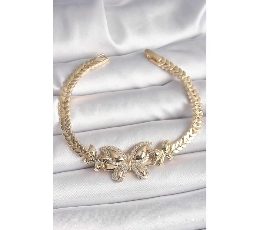 Pirinç Gold Renk Zirkon Taşlı Kelebek Model Kadın Bileklik