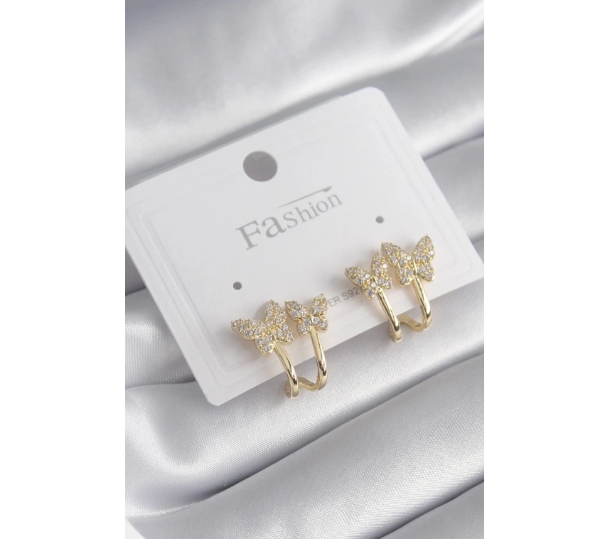 Pirinç Gold Renk Zirkon Taşlı Kelebek Model Kadın Küpe