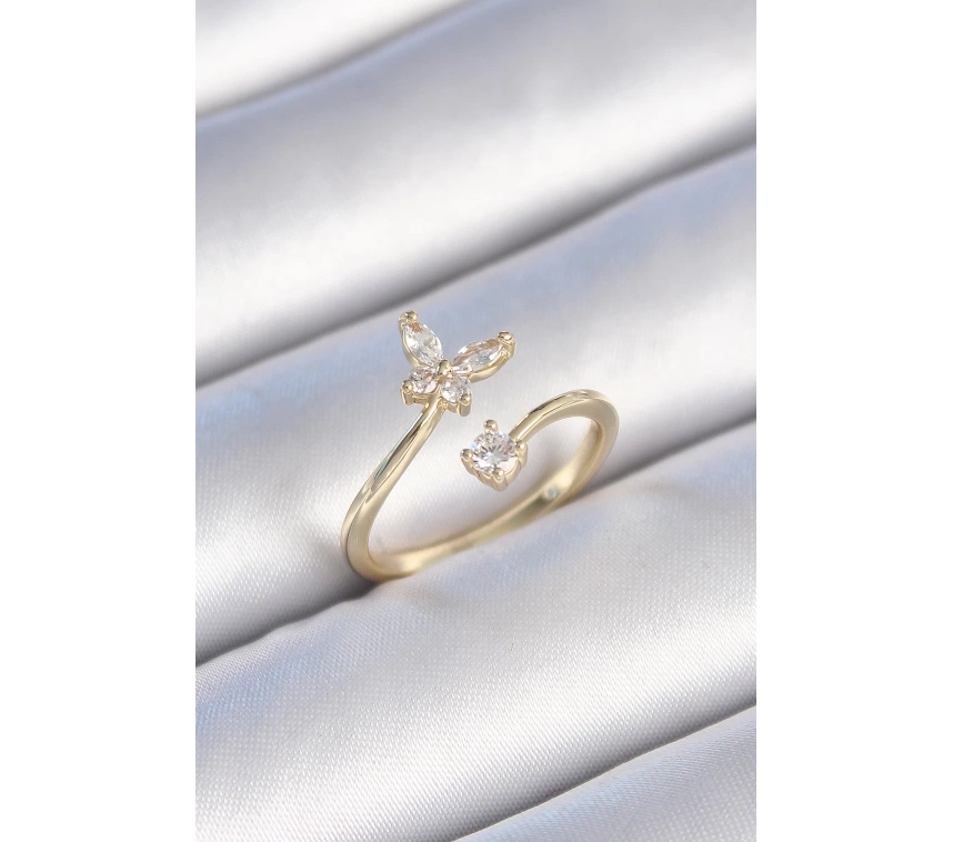 Pirinç Gold Renk Zirkon Taşlı Kelebek Model Kadın Yüzük