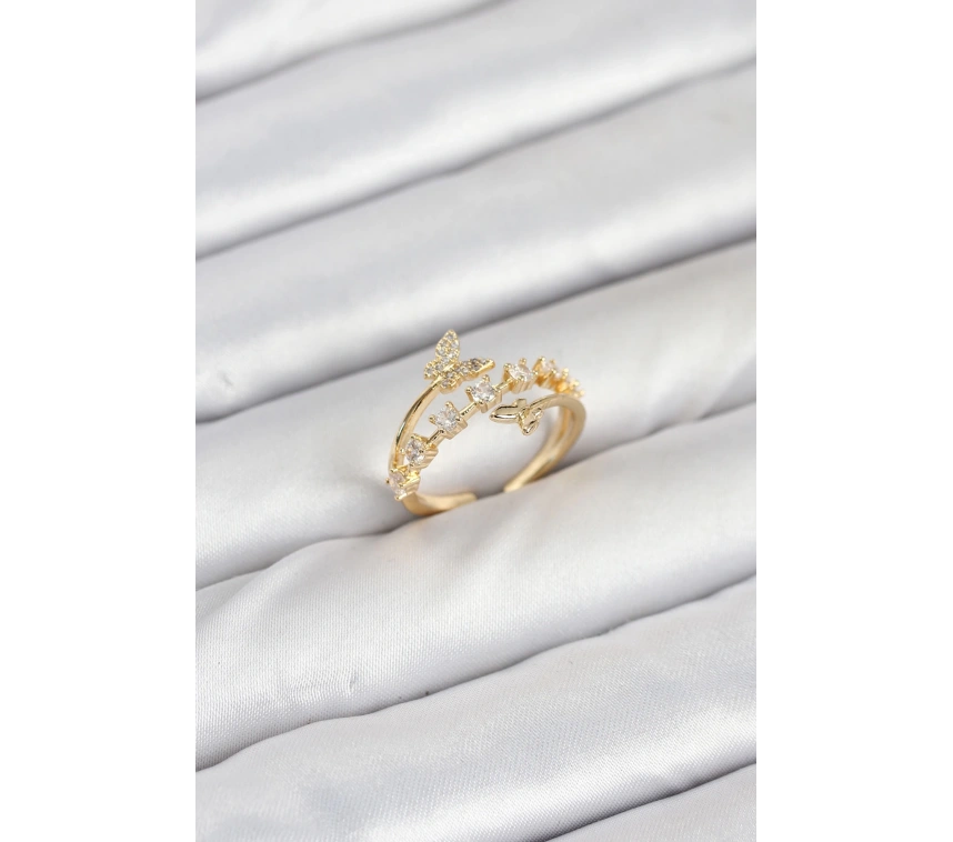 Pirinç Gold Renk Zirkon Taşlı Kelebek Model Kadın Yüzük