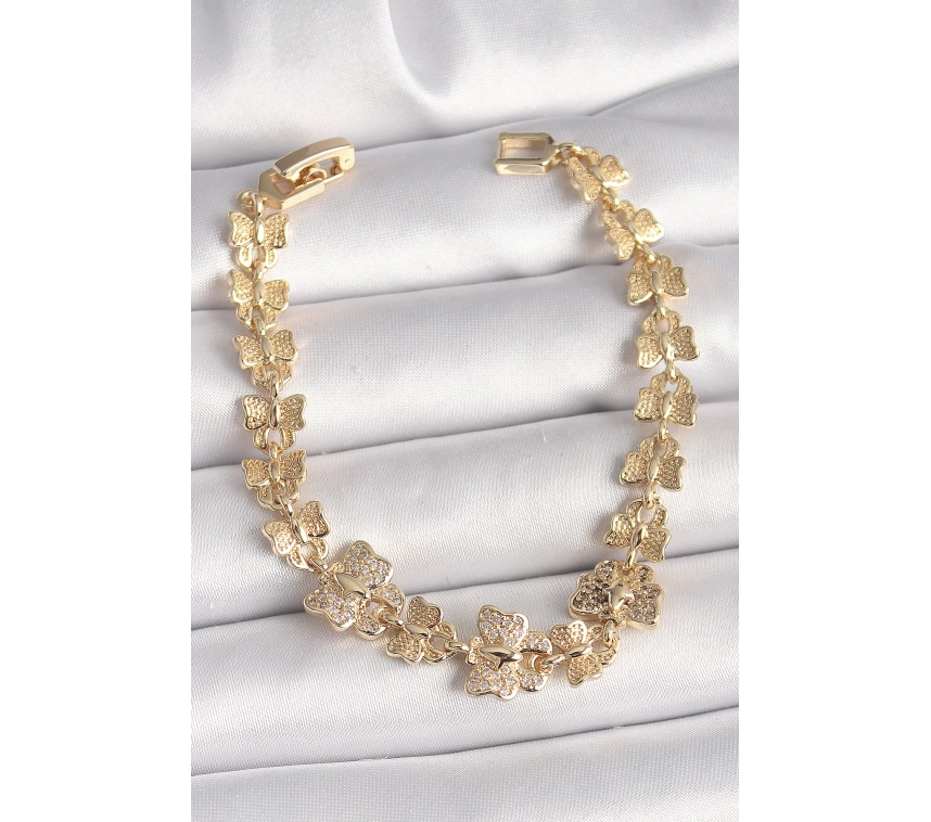 Pirinç Gold Renk Zirkon Taşlı Kelebek Model Zincir Kadın Bileklik