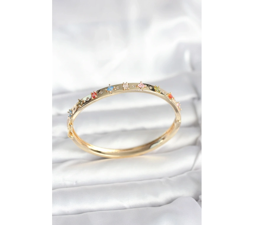 Pirinç Gold Renk Zirkon Taşlı Kelepçe Bileklik