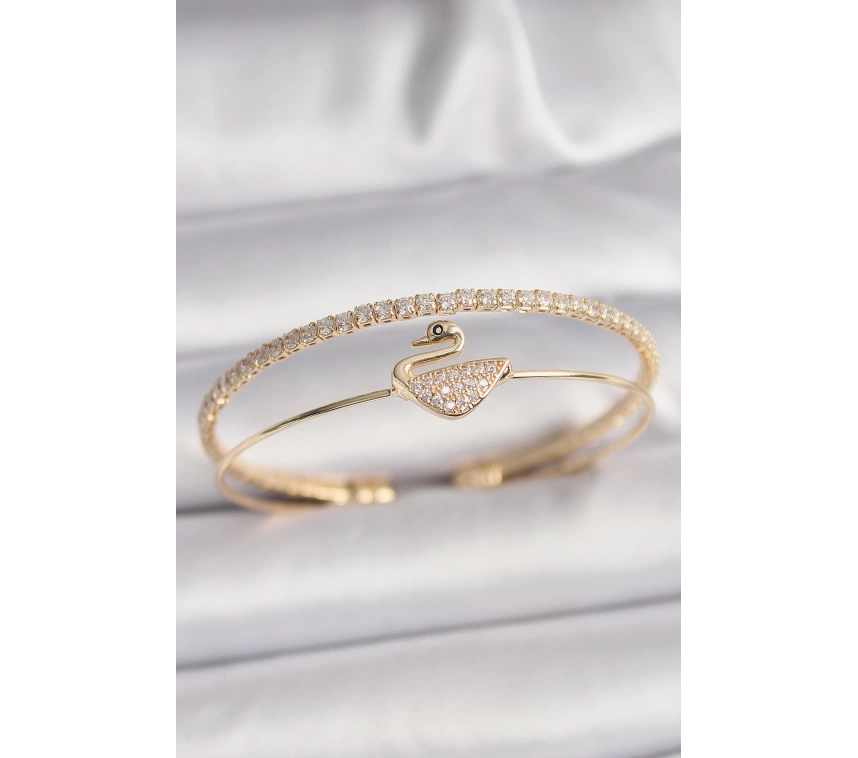 Pirinç Gold Renk Zirkon Taşlı Kuğu Model Kadın Bileklik