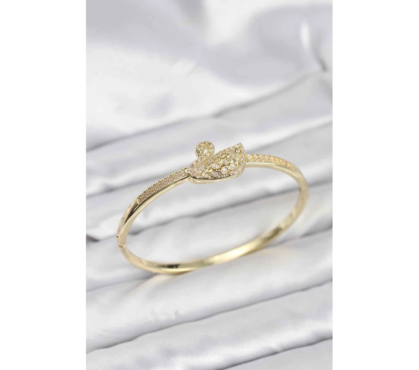 Pirinç Gold Renk Zirkon Taşlı Kuğu Model Kadın Kelepçe Bileklik