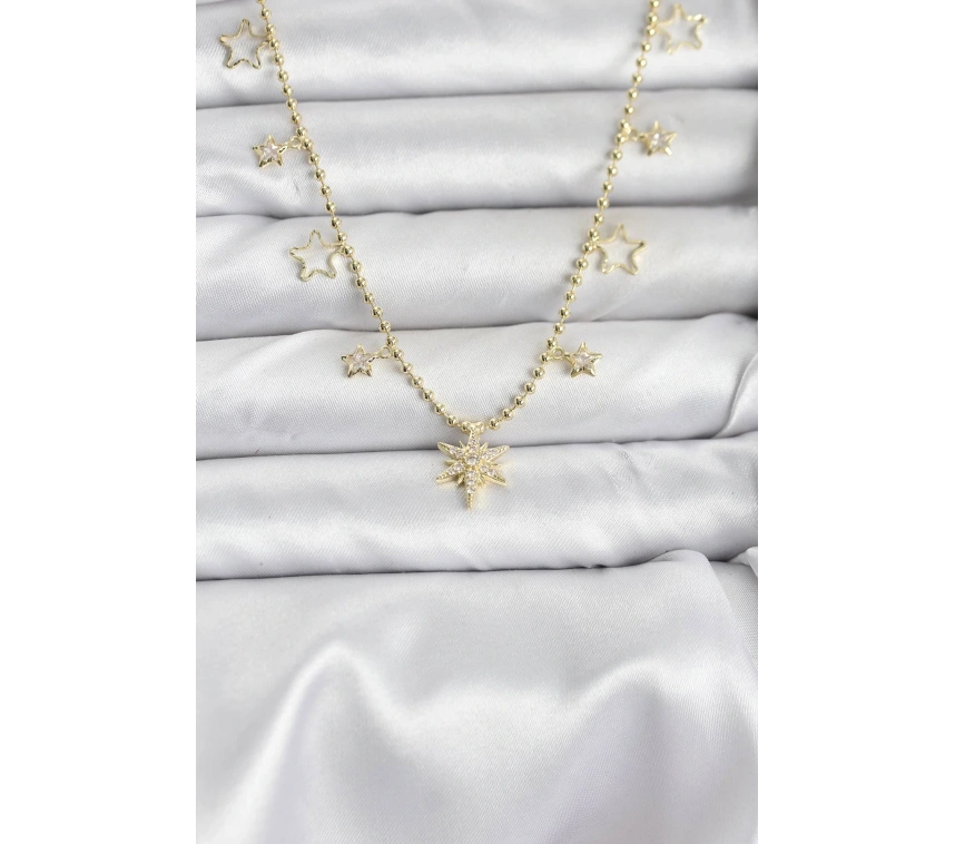 Pirinç Gold Renk Zirkon Taşlı Kutup Yıldızı Model Kadın Kolye