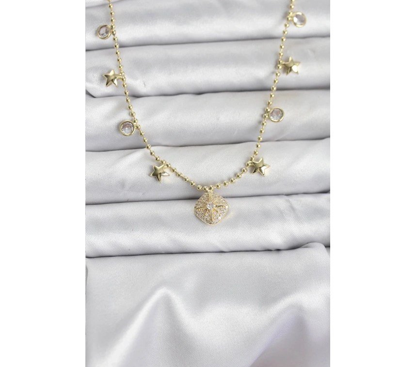 Pirinç Gold Renk Zirkon Taşlı Kutup Yıldızı Model Kadın Kolye
