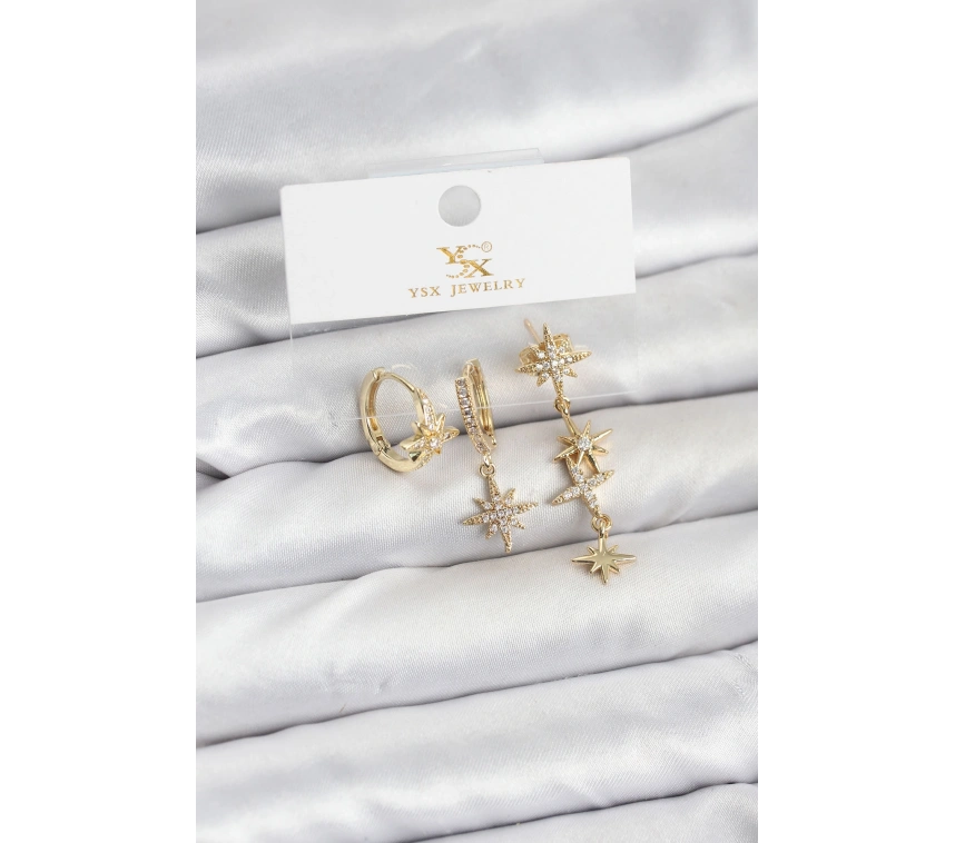 Pirinç Gold Renk Zirkon Taşlı Kutup Yıldızı Model YSX Trio Küpe Seti