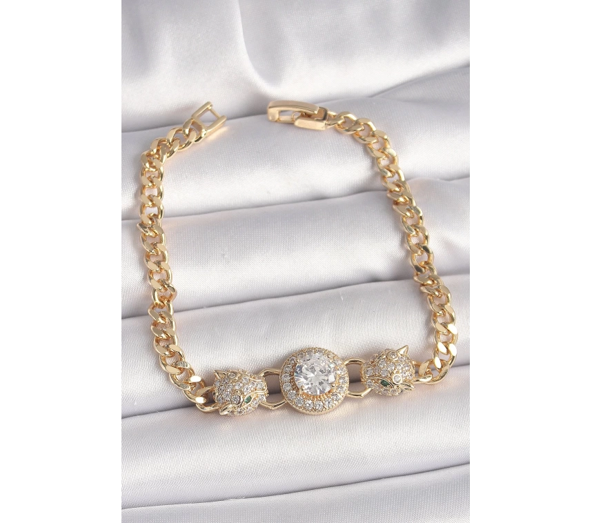 Pirinç Gold Renk Zirkon Taşlı Leopar Figür Zincir Model Kadın Bileklik