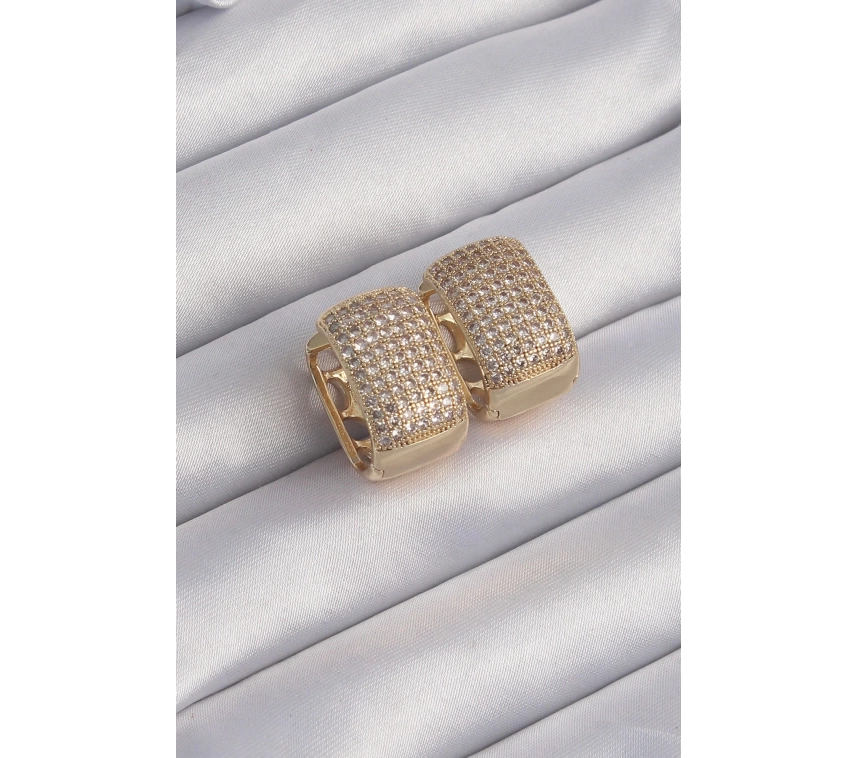 Pirinç Gold Renk Zirkon Taşlı Minimal Halka Küpe