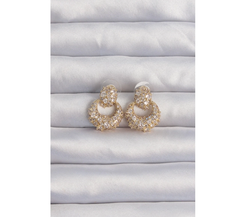 Pirinç Gold Renk Zirkon Taşlı Oval Form Küpe