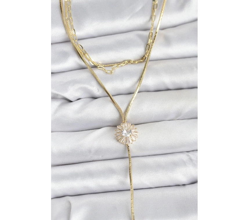 Pirinç Gold Renk Zirkon Taşlı Papatya Model Detaylı 3lü Kombin Y Kadın Kolye